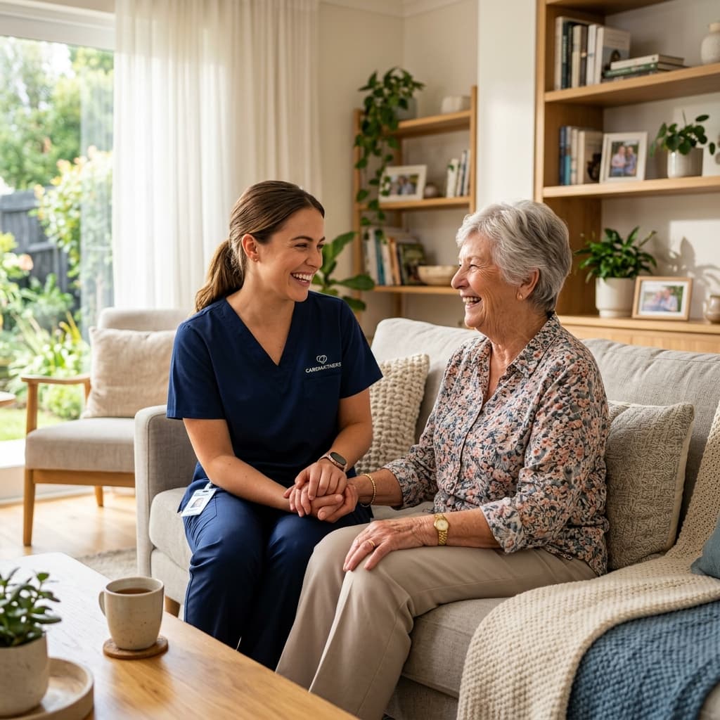 Caregiver holding hands with senior